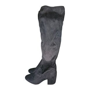 Womens Black Suede Block Heel Over The Knee Boots Size Unknown